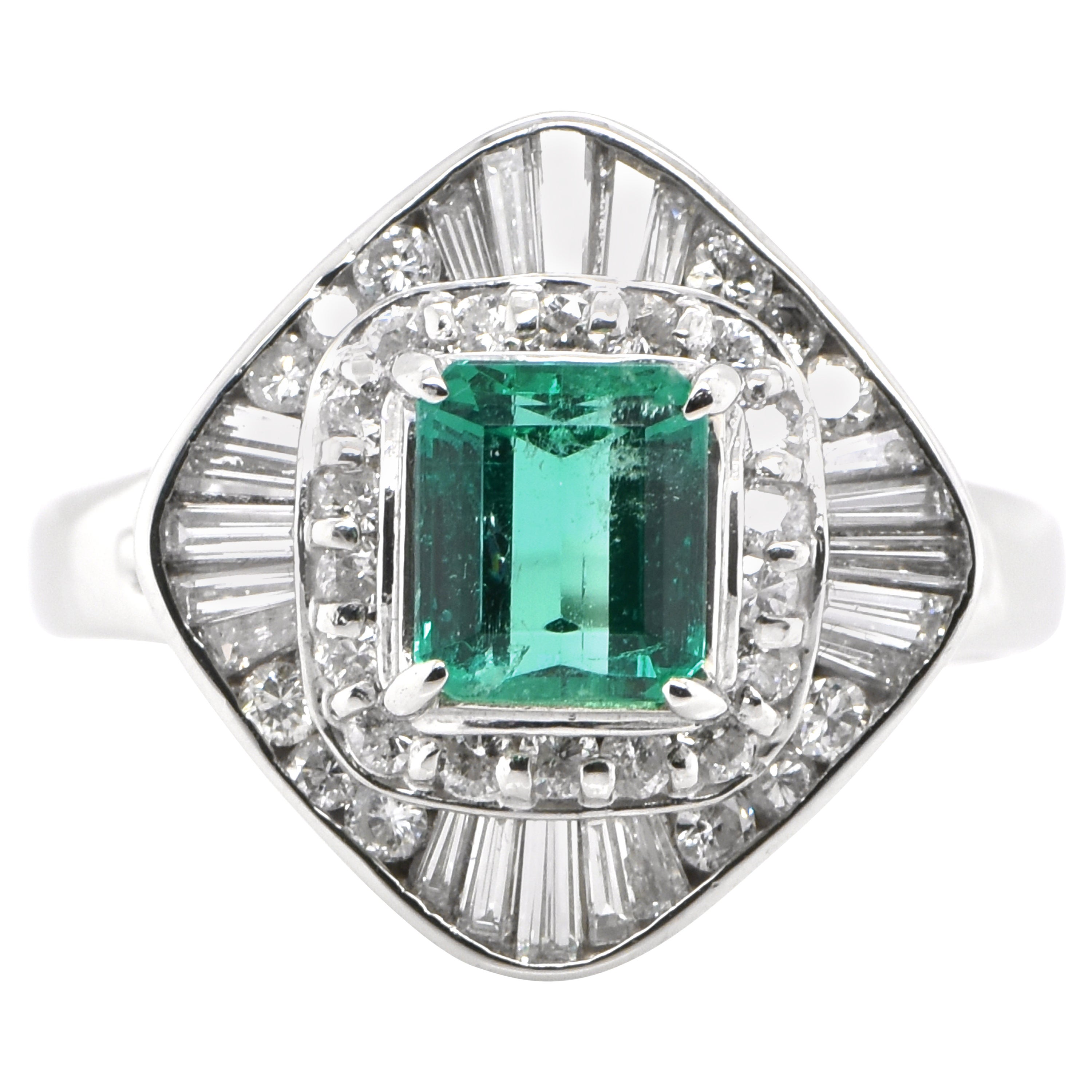  0.96 Carat Natural Emerald and Diamond Vintage Ballerina Ring set in Platinum For Sale