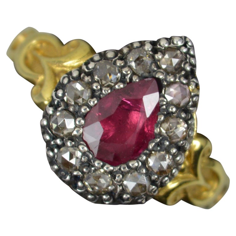 Georgian Design Foiled Ruby and Rose Diamond 18ct Gold Cluster Ring For ...