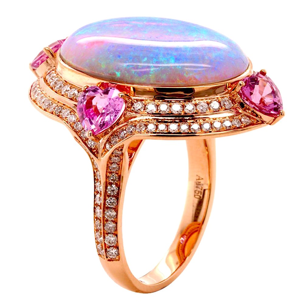 Fei Liu Opal Pink Tourmaline Diamond 18 Karat Rose Gold Cocktail Ring