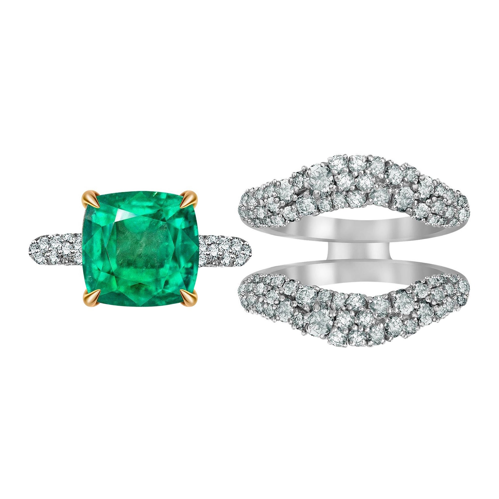 5.93 Carat Emerald Diamonds 18 Karat White Gold Dual Rings "Embrace" by D&A For Sale