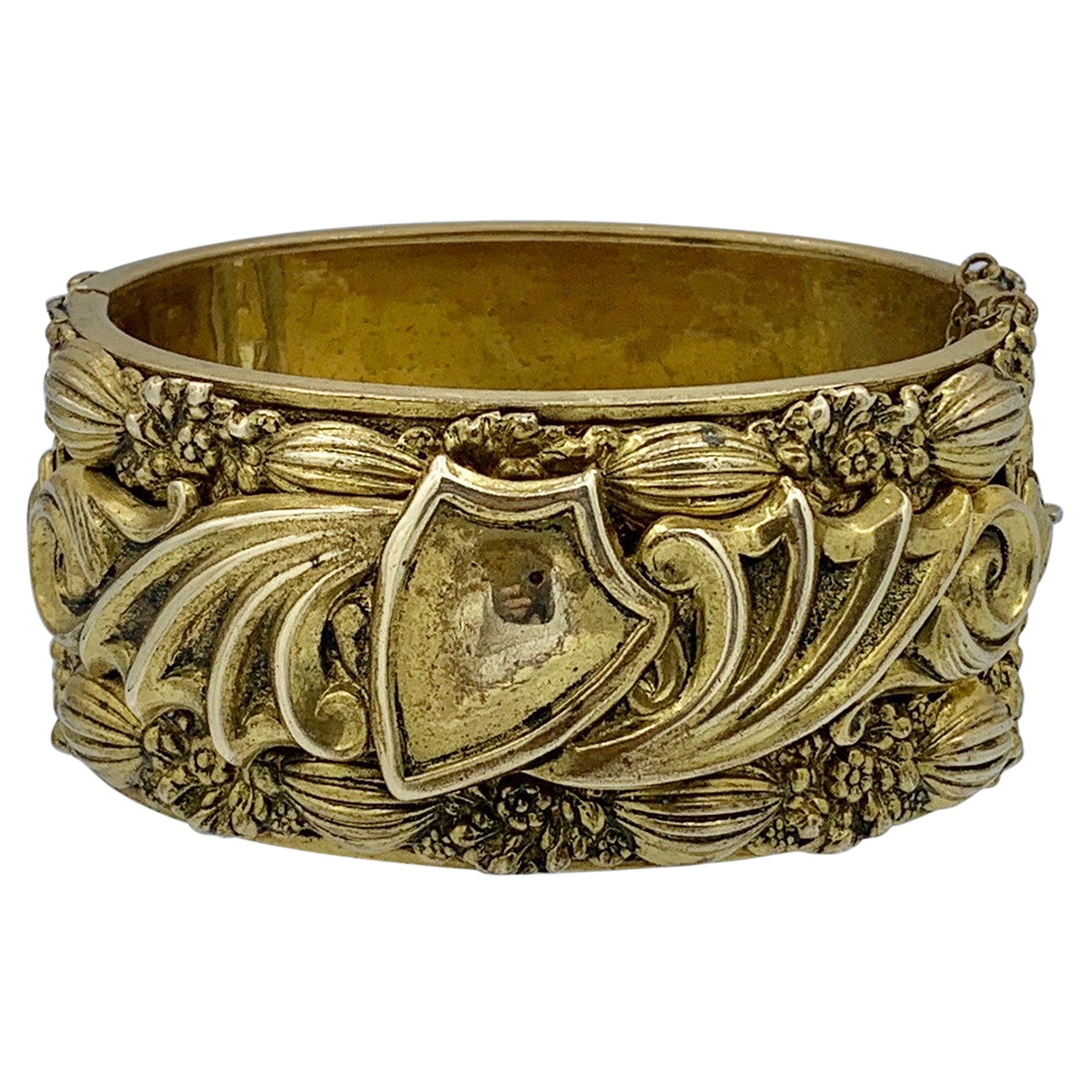 Bracelet jonc victorien lourd rempli d'or tridimensionnel à motif de fleurs rare