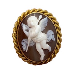 Antique Cupid Cherub Eros Angel Cameo Brooch Victorian 18 Karat Gold High Relief
