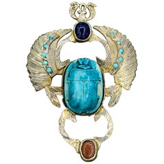 Art Deco Egyptian Revival Scarab Pendant Necklace Turquoise Lapis Goldstone