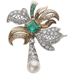 Emerald Diamond Pearl Two Color Gold Pendant