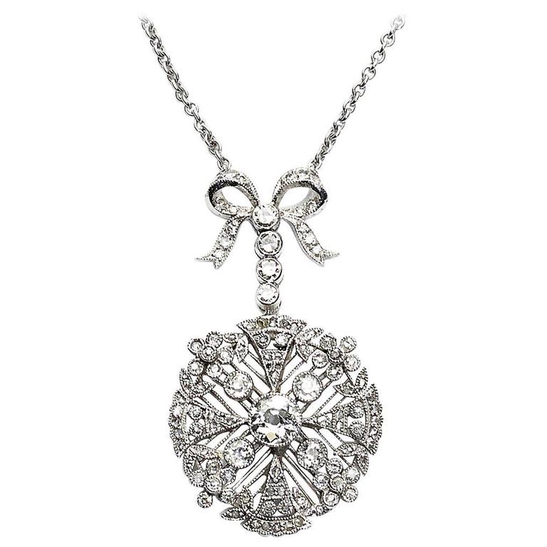 Edwardian Style Diamond Platinum Pendant For Sale