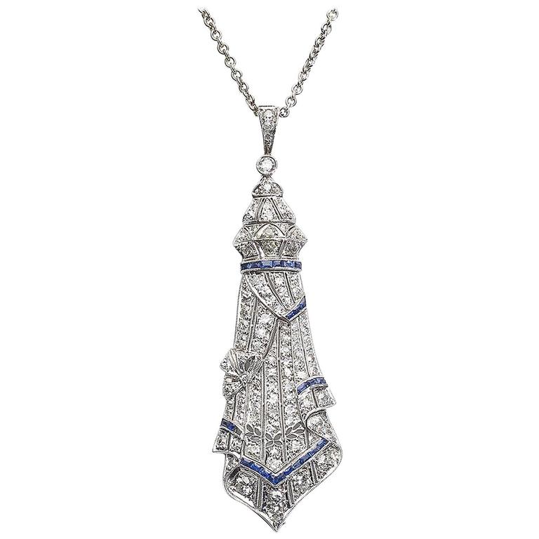 Art Deco Sapphire Diamond Platinum Pendant and Later Gold Chain For Sale