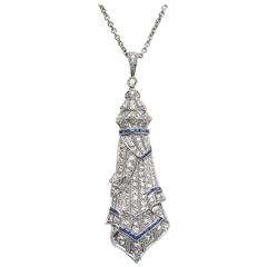 Art Deco Sapphire Diamond Platinum Pendant and Later Gold Chain 7