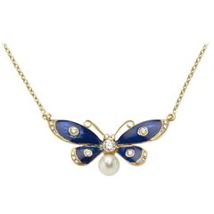 Blue Enamel Pearl Diamond Gold Butterfly Pendant