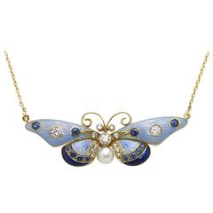 Light and Dark Blue Enamel Pearl Sapphire Diamond Gold Butterfly Pendant