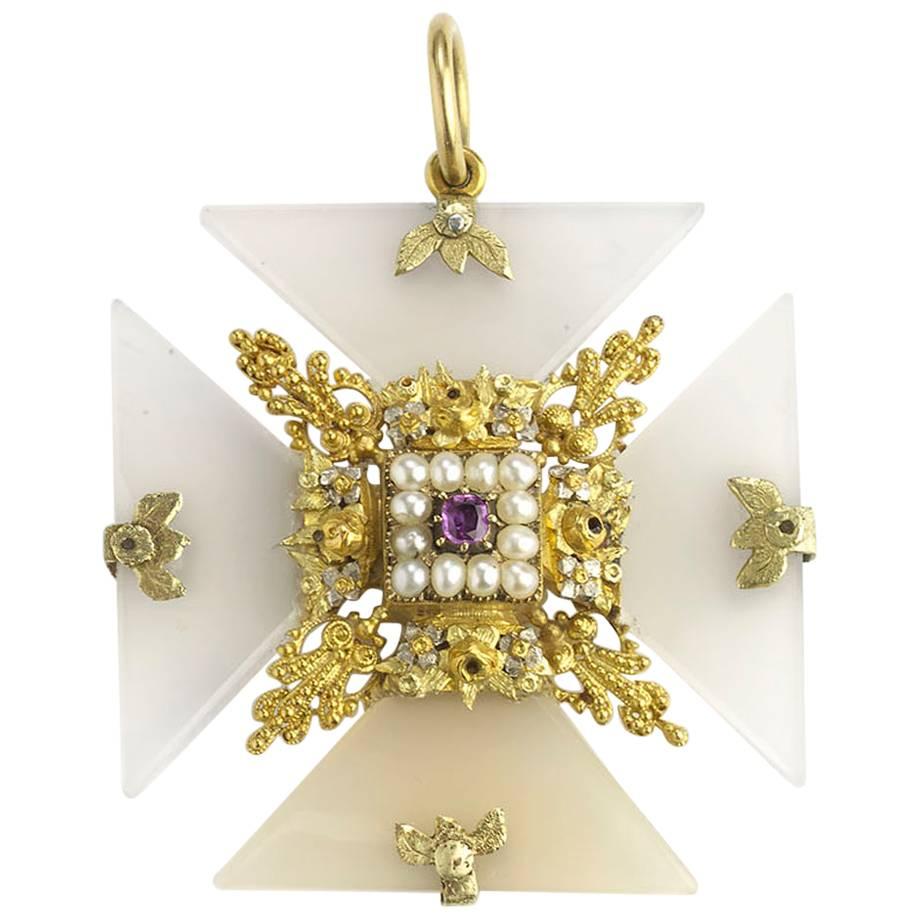 Antique Chalcedony Pink Sapphire Seed Pearl Gold Maltese Cross Pendant