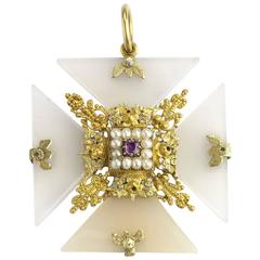 Antique Chalcedony Pink Sapphire Seed Pearl Gold Maltese Cross Pendant