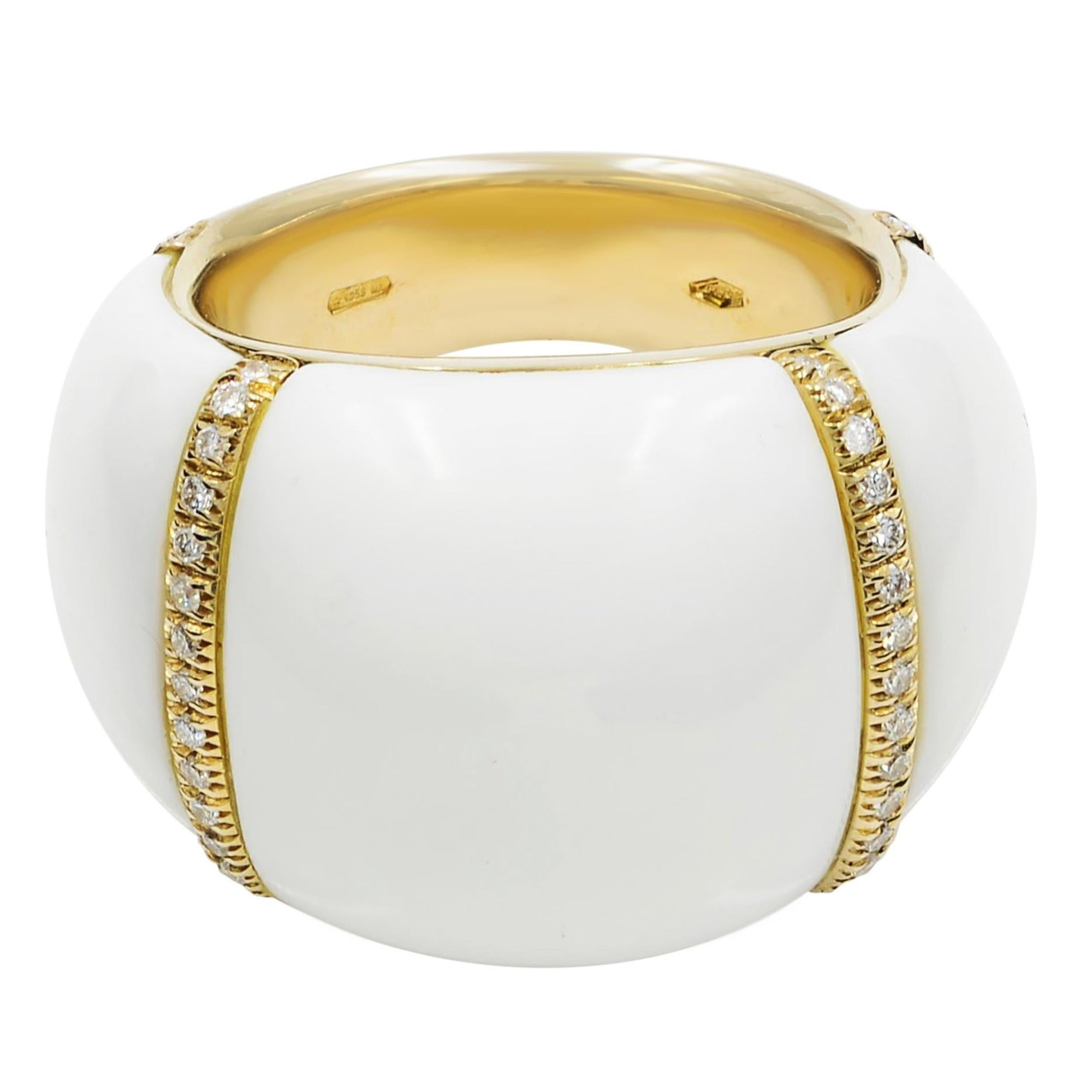 Chantecler White Ceramic Diamond Dome Shaped Ring 18K Yellow Gold 0.50ctw Size 7