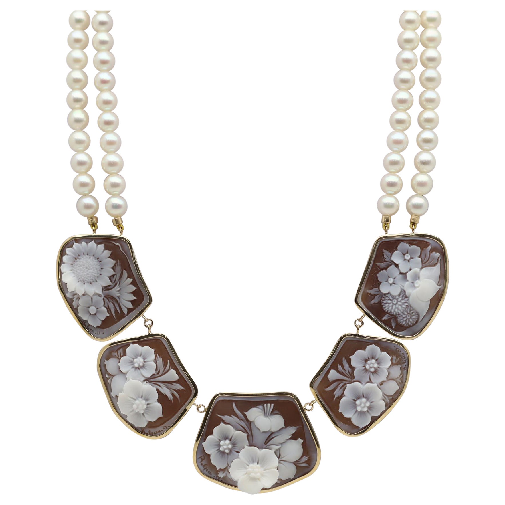 Cameo Akoya Pearl Double Strand Gold Necklace For Sale
