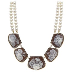 Cameo Akoya Pearl Double Strand Gold Necklace