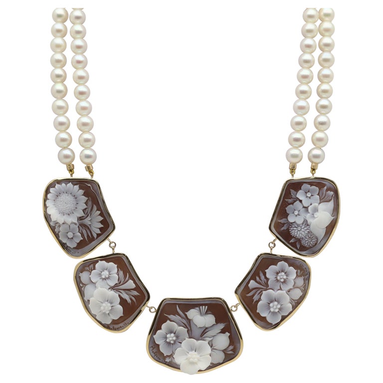Cameo Akoya Pearl Double Strand Gold Necklace For Sale at 1stDibs