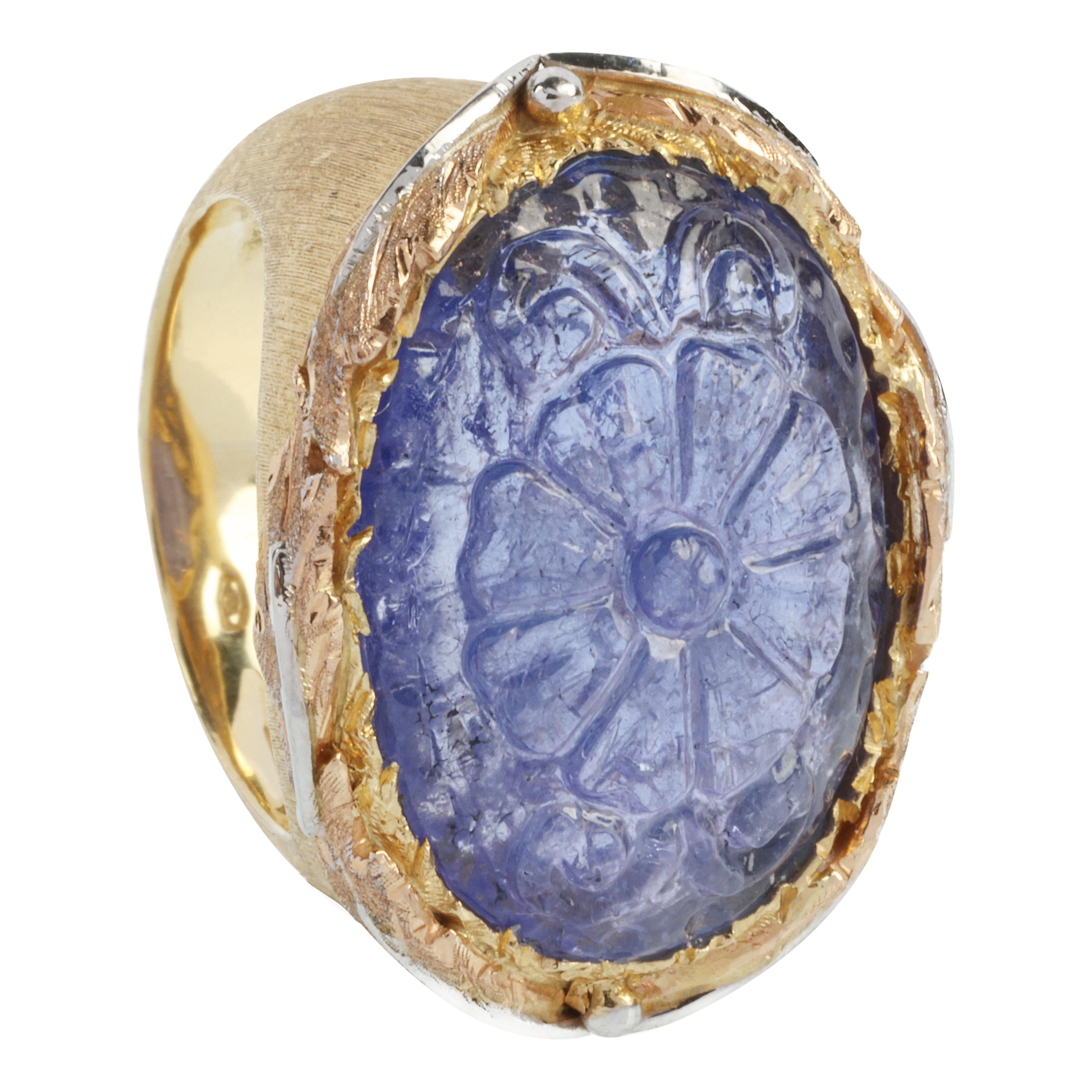 Tanzanite Carved   Hand Made 18 k Gold Ring For Sale
