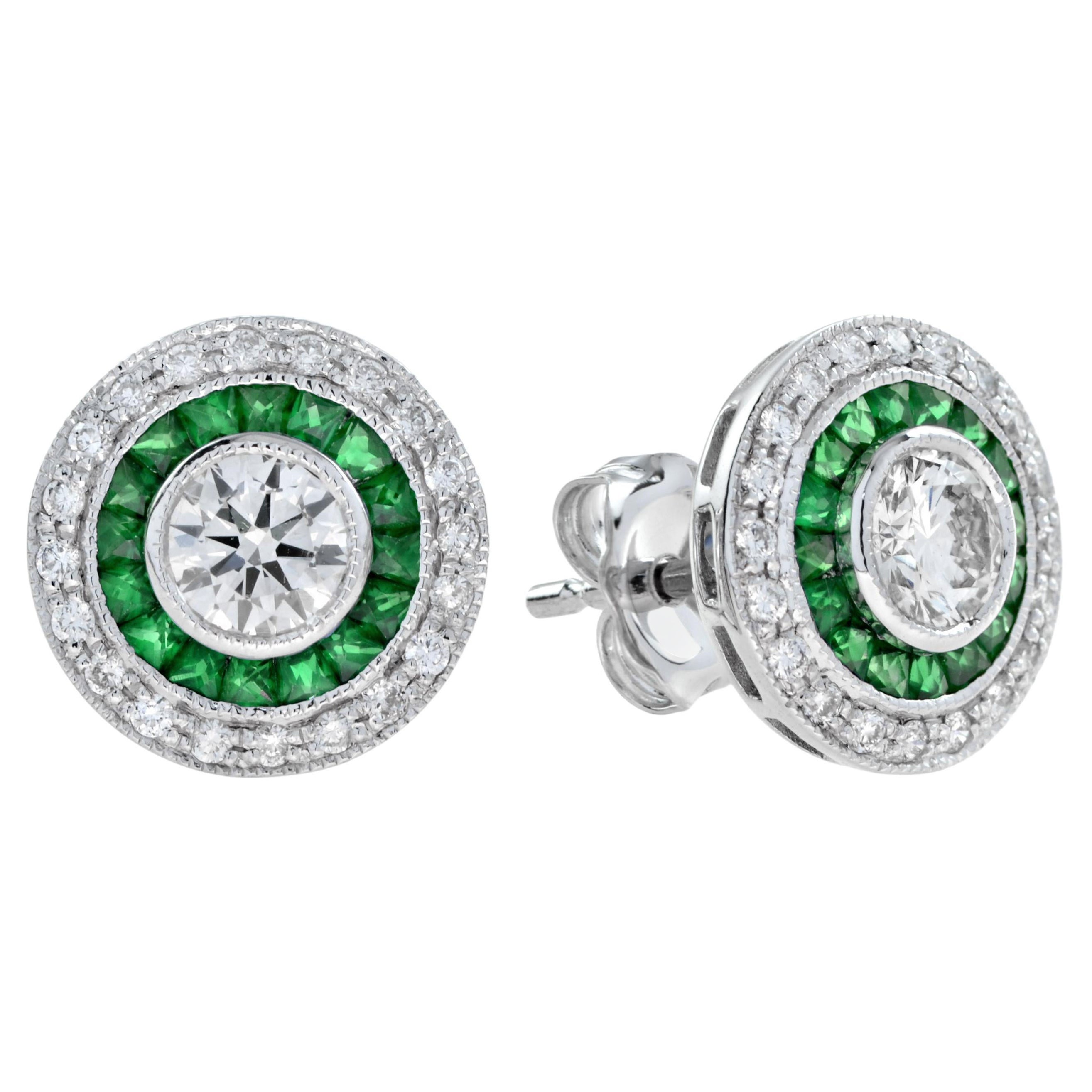 Art Deco 4.4 Round Brilliant Diamond with Emerald Stud Earrings in 18K Gold For Sale