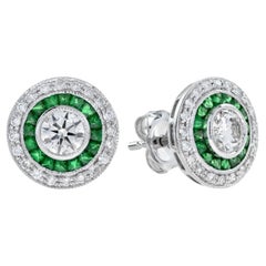 Art Deco 4.4 Round Brilliant Diamond with Emerald Stud Earrings in 18K Gold