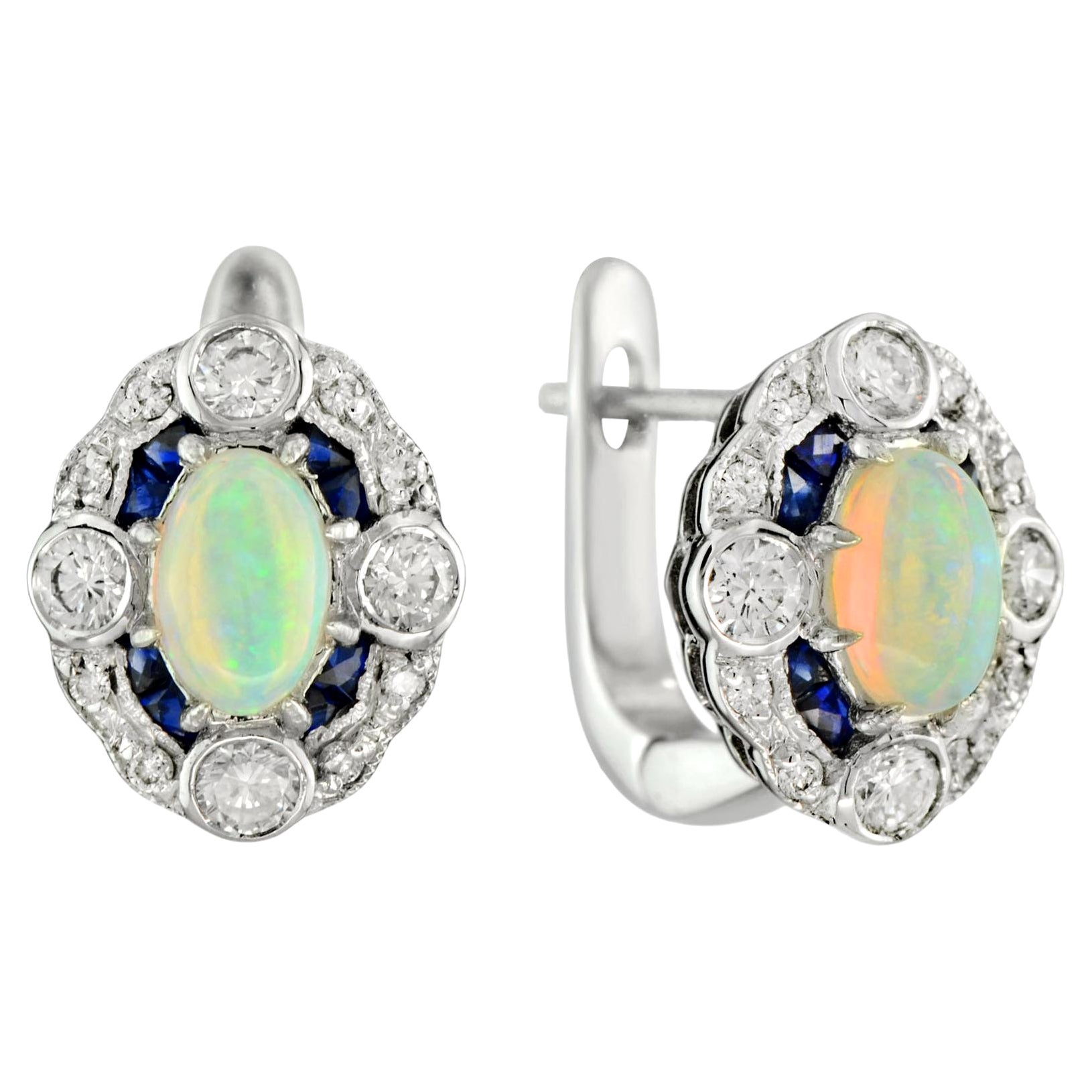 Opal with Diamond and Sapphire Latch Back Earrings in 18K White Gold For Sale