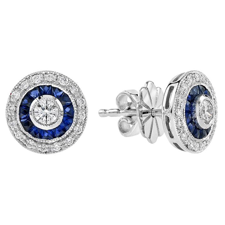 Art Deco Style Round Cut Diamond with Sapphire Stud Earrings in 18K Gold For Sale