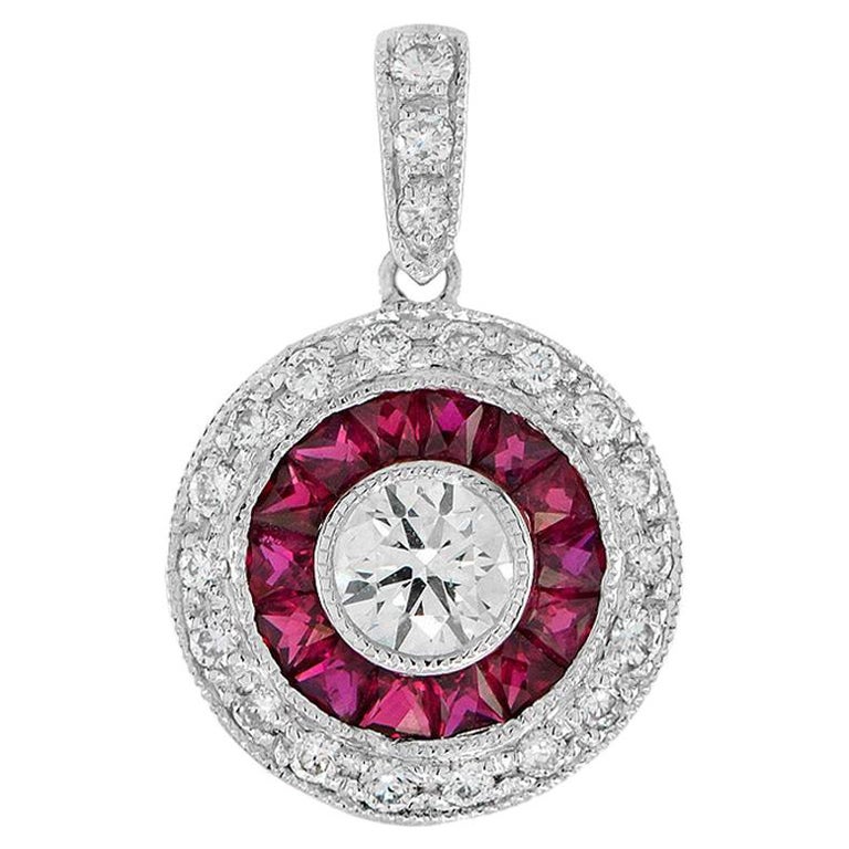 Round Diamond and Ruby Double Halo Art Deco Style Pendant in 18K White Gold For Sale