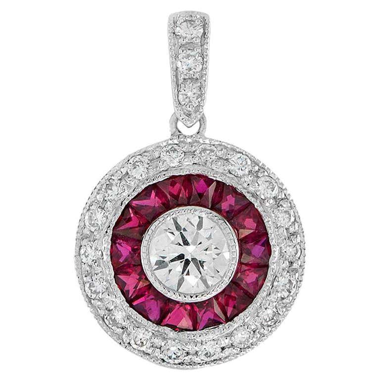 Ruby Diamond Artist Ruby and Diamond Art Deco Style Graphic Motif Pendant in 18k White Gold ...