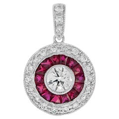 Round Diamond and Ruby Double Halo Art Deco Style Pendant in 18K White Gold