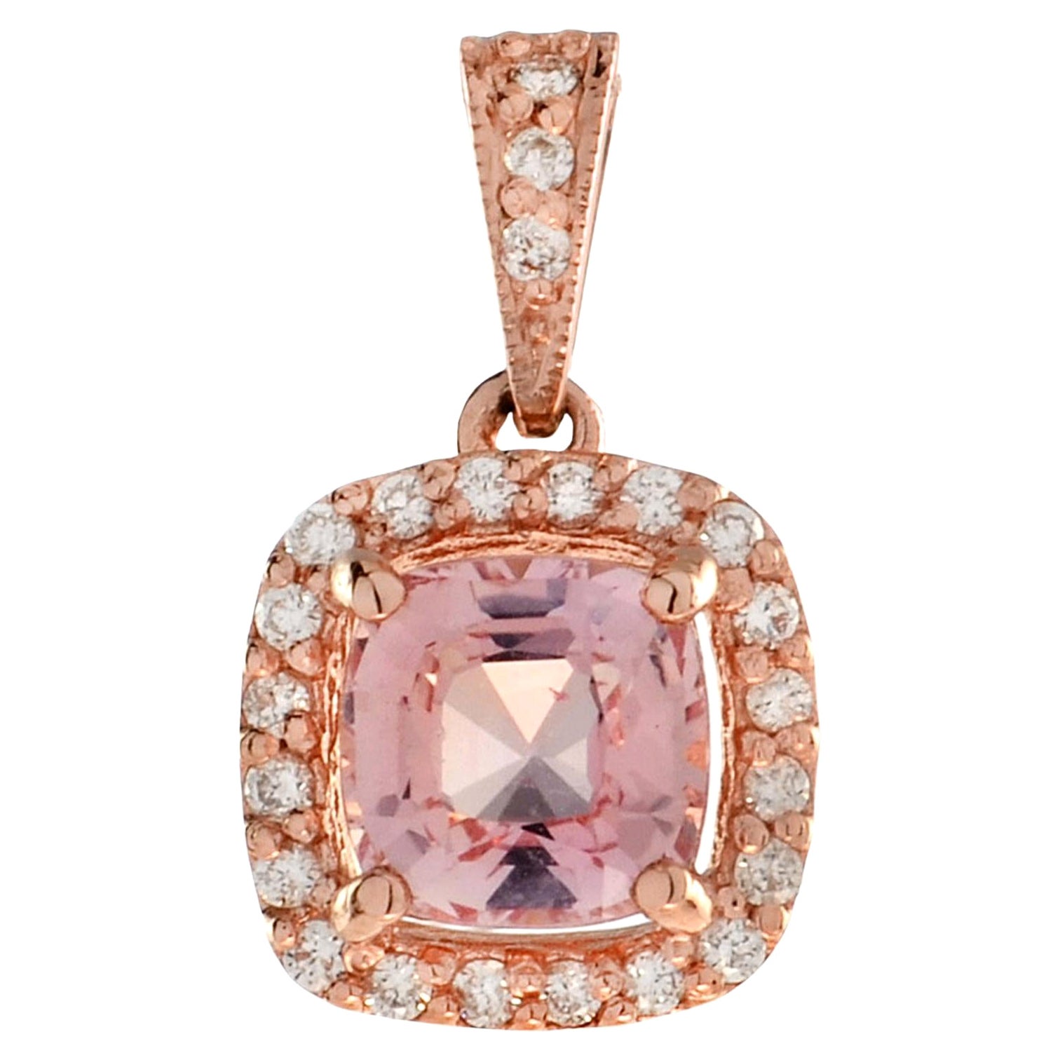 Cushion Shaped Morganite and Diamond Halo Pendant in 14K Rose Gold For Sale