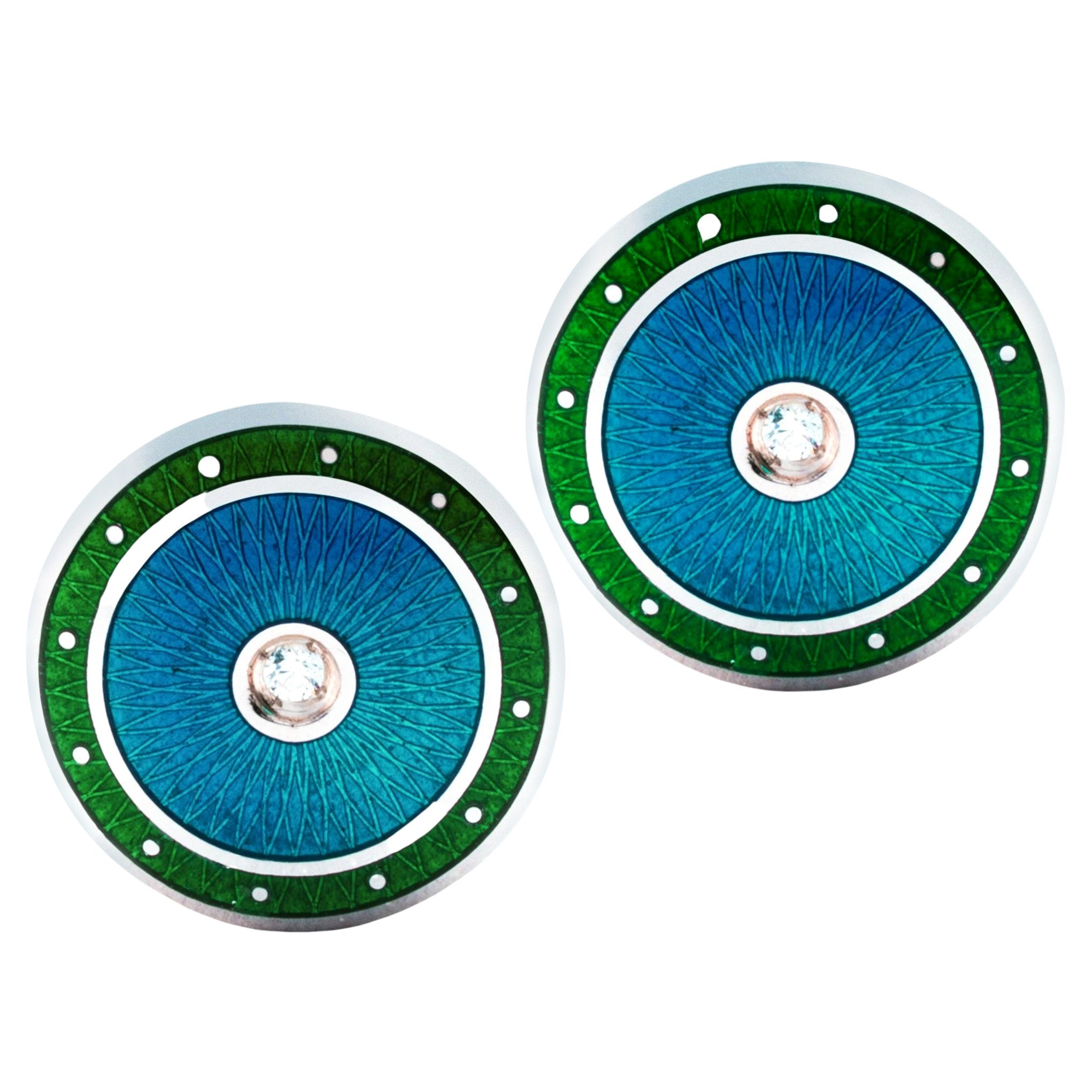 Manschettenknöpfe von Alex Jona aus Sterlingsilber mit weißen Diamanten, grüner und blauer Emaille im Angebot