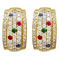 Vintage Diamond Sapphire Ruby and Emerald Earrings in Yellow Gold