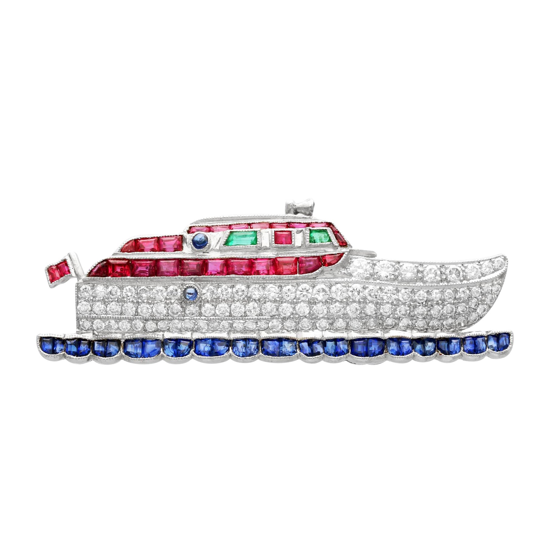 2.35 Carat Diamond Sapphire Ruby and Emerald Yellow Gold Boat Brooch For Sale