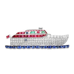 2.35 Carat Diamond Sapphire Ruby and Emerald Yellow Gold Boat Brooch