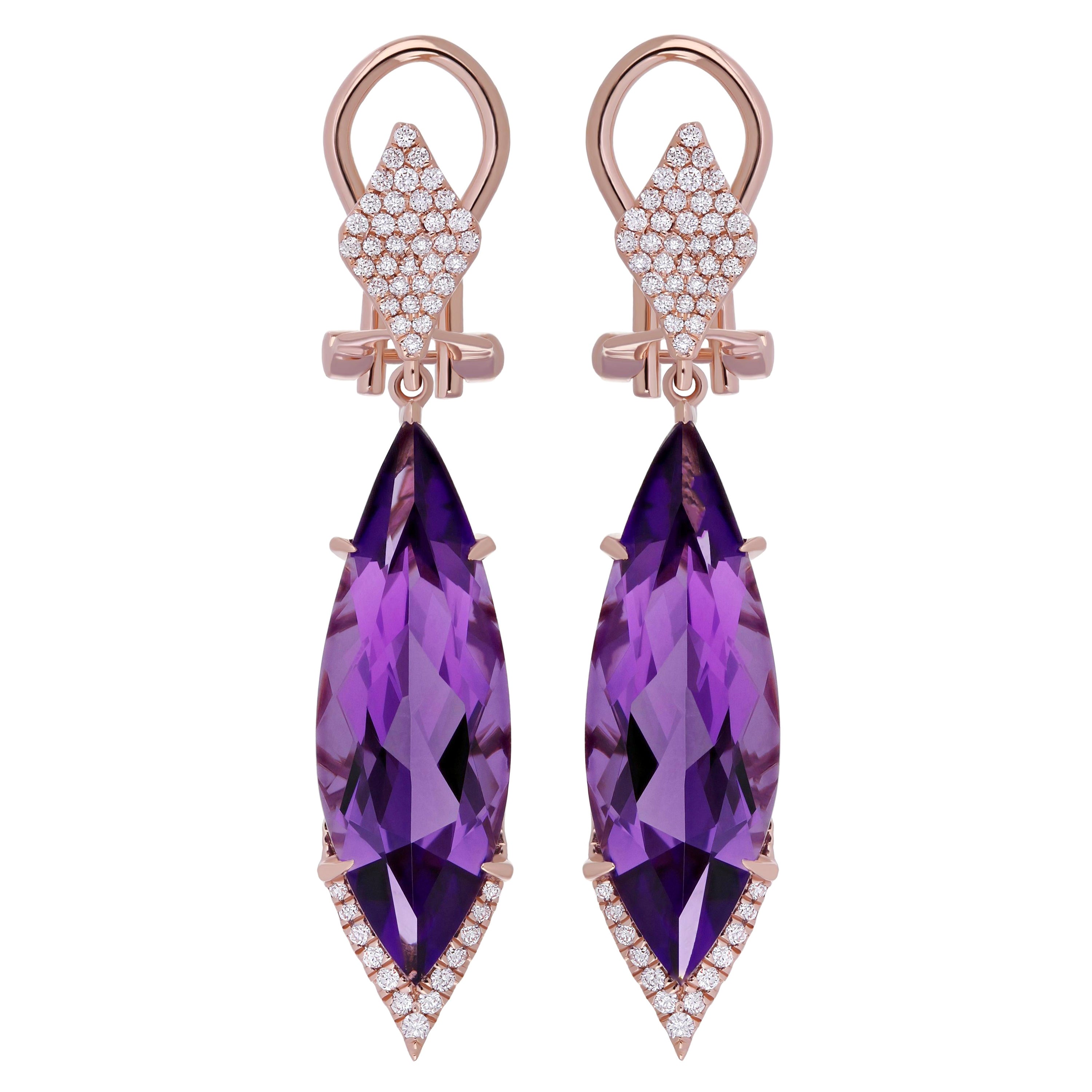 Amethyst and Diamond Studded Earring in 14Karat, Rose Gold For Sale