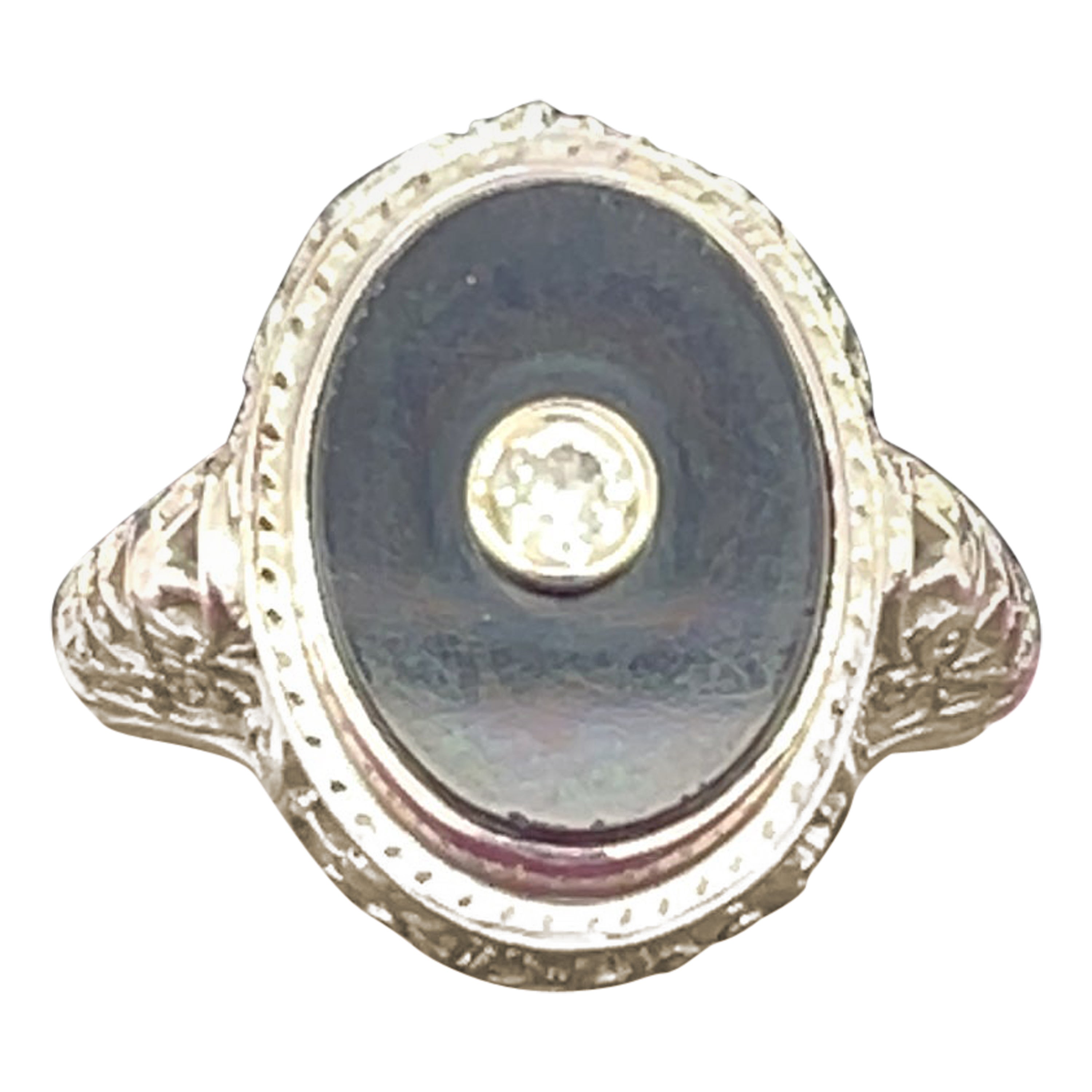 Vintage 14k White Gold Onyx & Diamond Filigree Ring For Sale