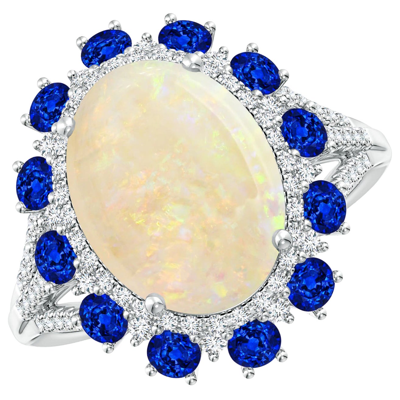 ANGARA GIA Certified Natural Opal with Sapphire & Diamond Halo White Gold Ring