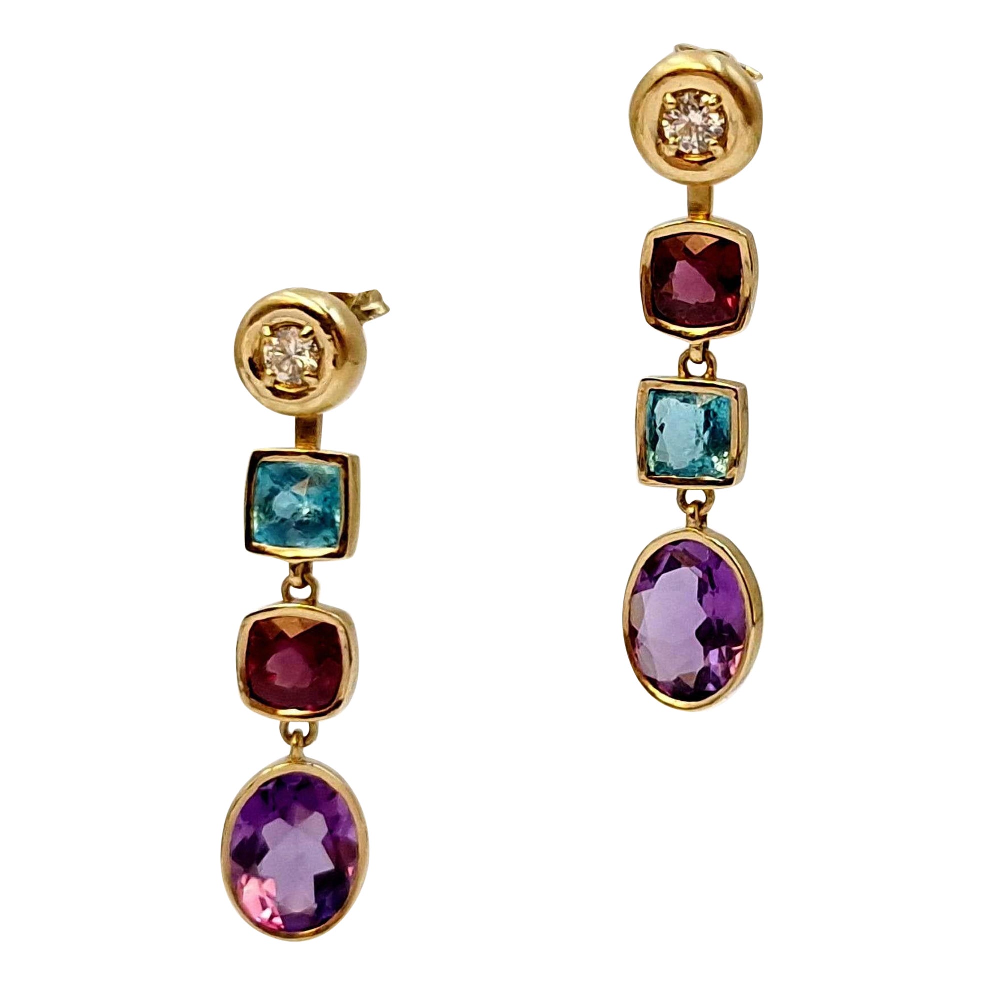 Modulare Golddiamant-Ohrstecker mit Apatit, Amethyst und Granat