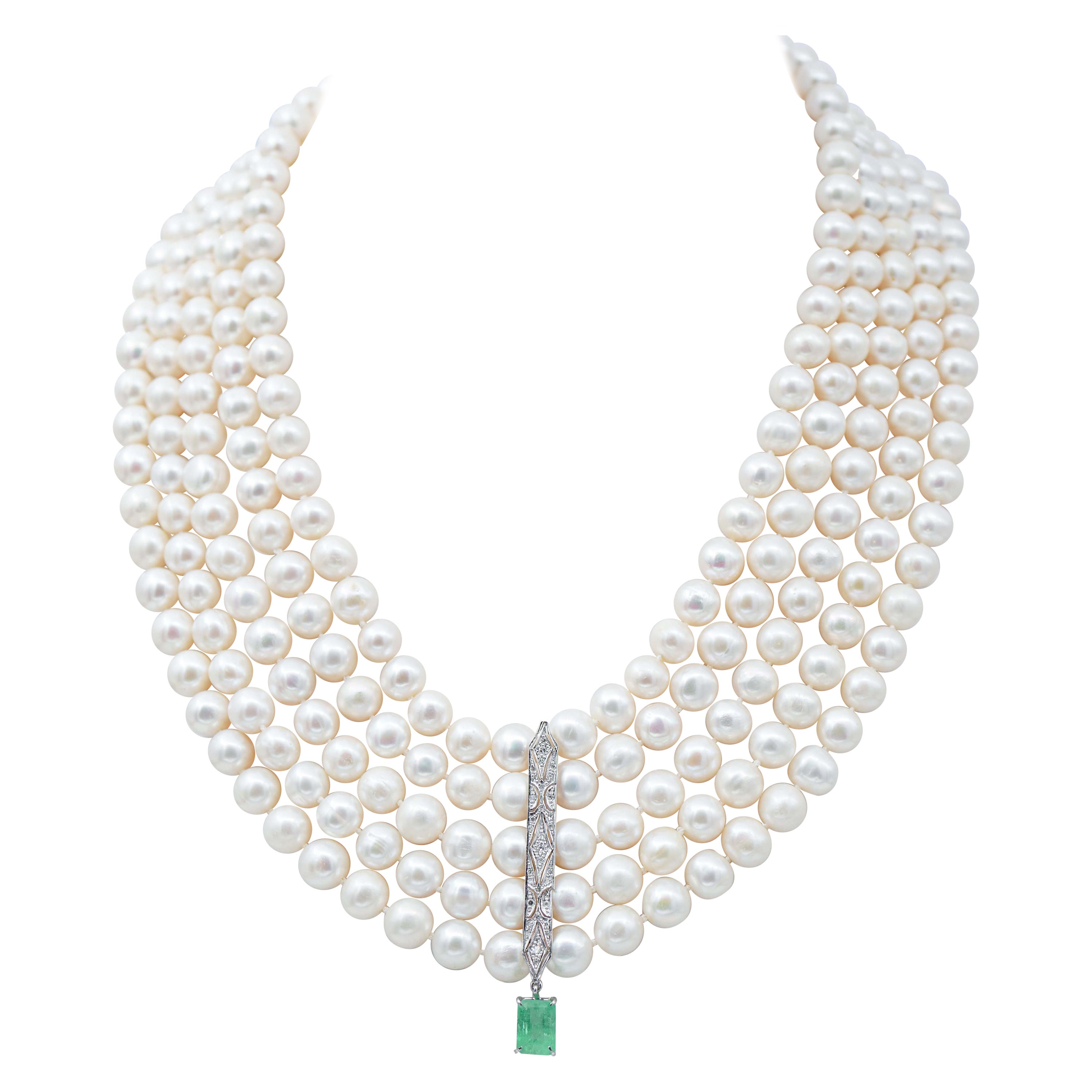 Diamonds, Emerald, Pearls, Platinum Necklace at 1stDibs