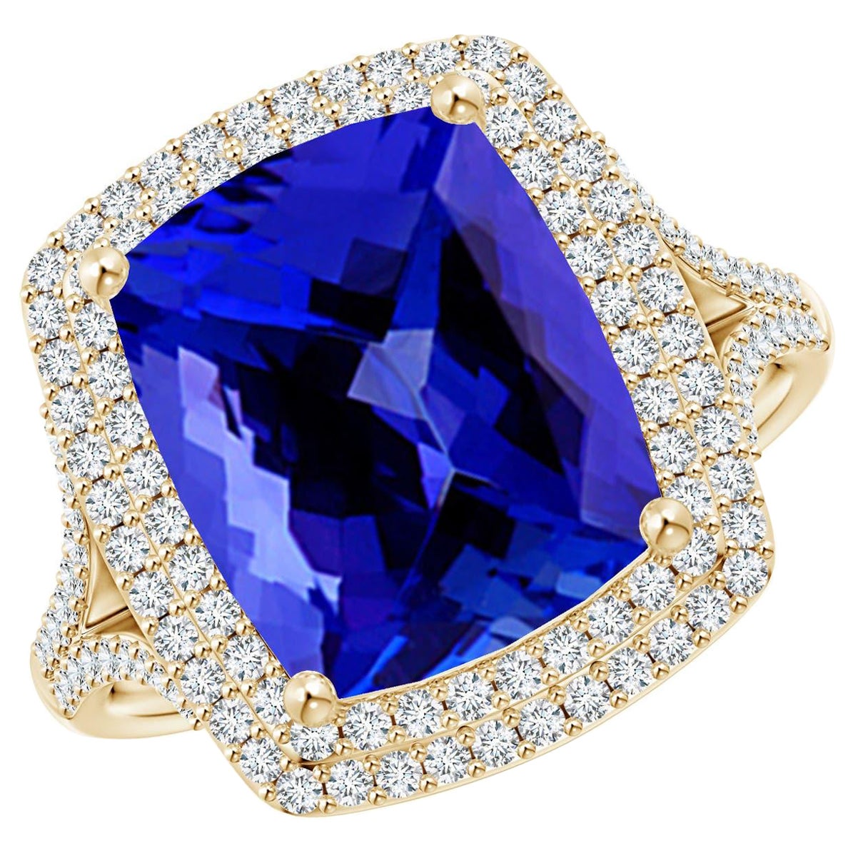 For Sale:  GIA Certified Natural Tanzanite Double Halo Cocktail Ring in Yellow Gold