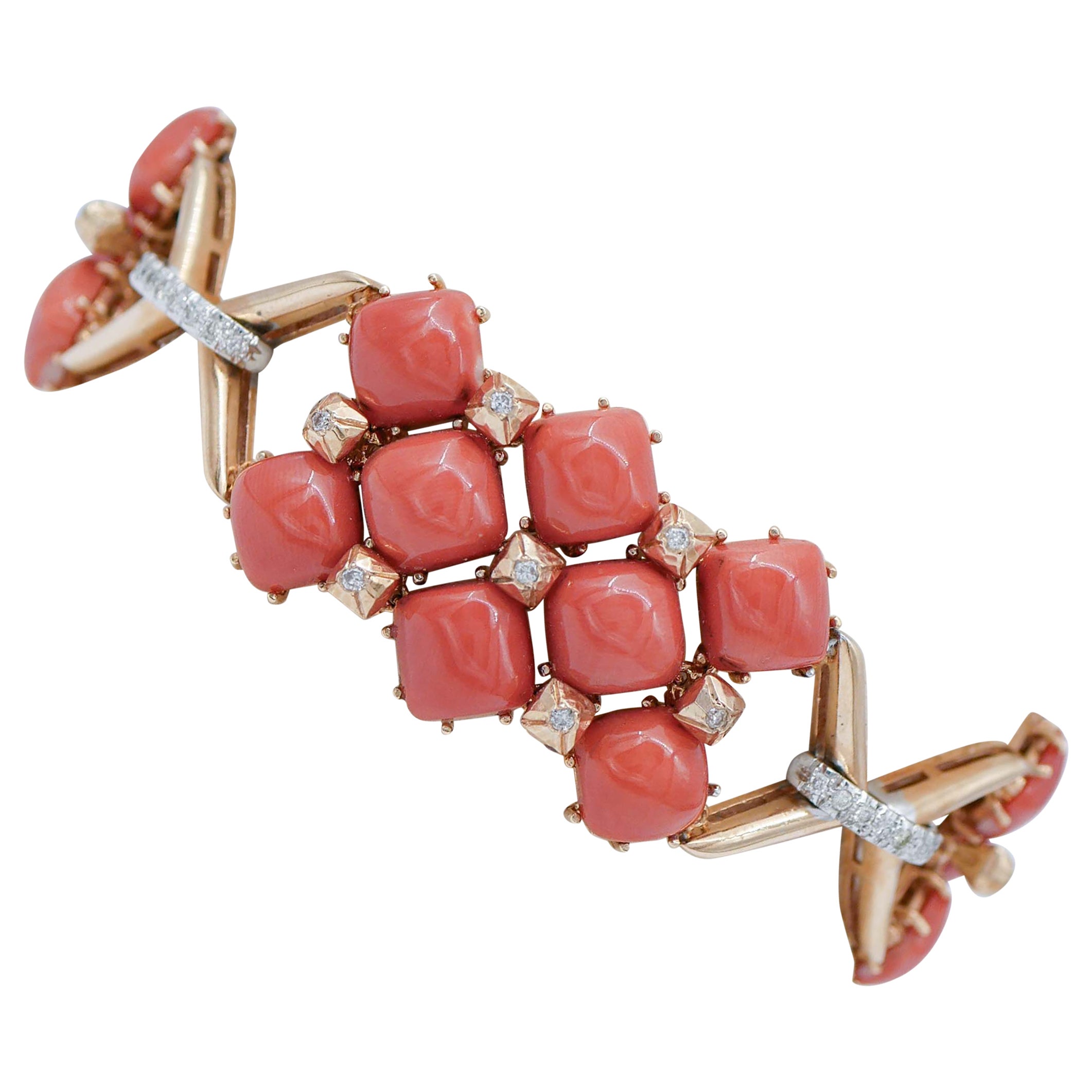 Armband aus Koralle, Diamanten, 14 Karat Weiß- und Rotgold Retrò