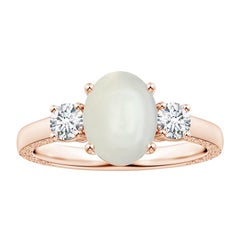 Angara Gia Certified Natural Oval Rainbow Moonstone 3-Stone Ring in Rose Gold