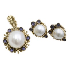 Vintage Stephen Dweck White Pearl and Amethyst Earrings & Pendant Set 18K Yellow Gold 
