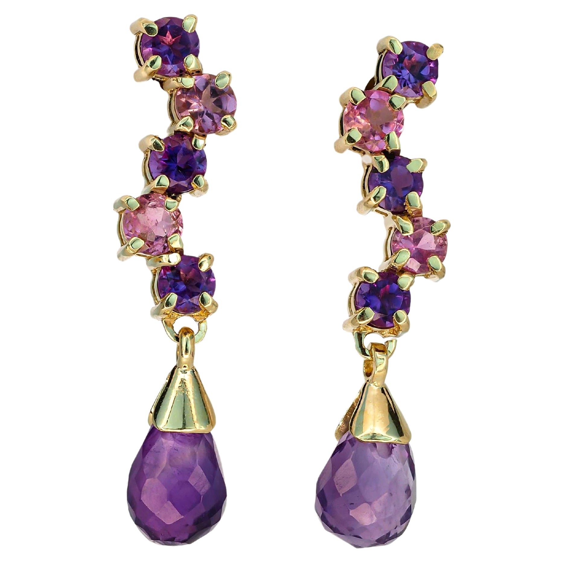 14k Gold Drop Earrings Studs with Amethysts and Sapphires