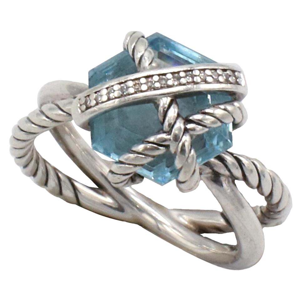 David Yurman Sterling Silver Cable Wrap Ring in with Blue Topaz & Diamonds For Sale