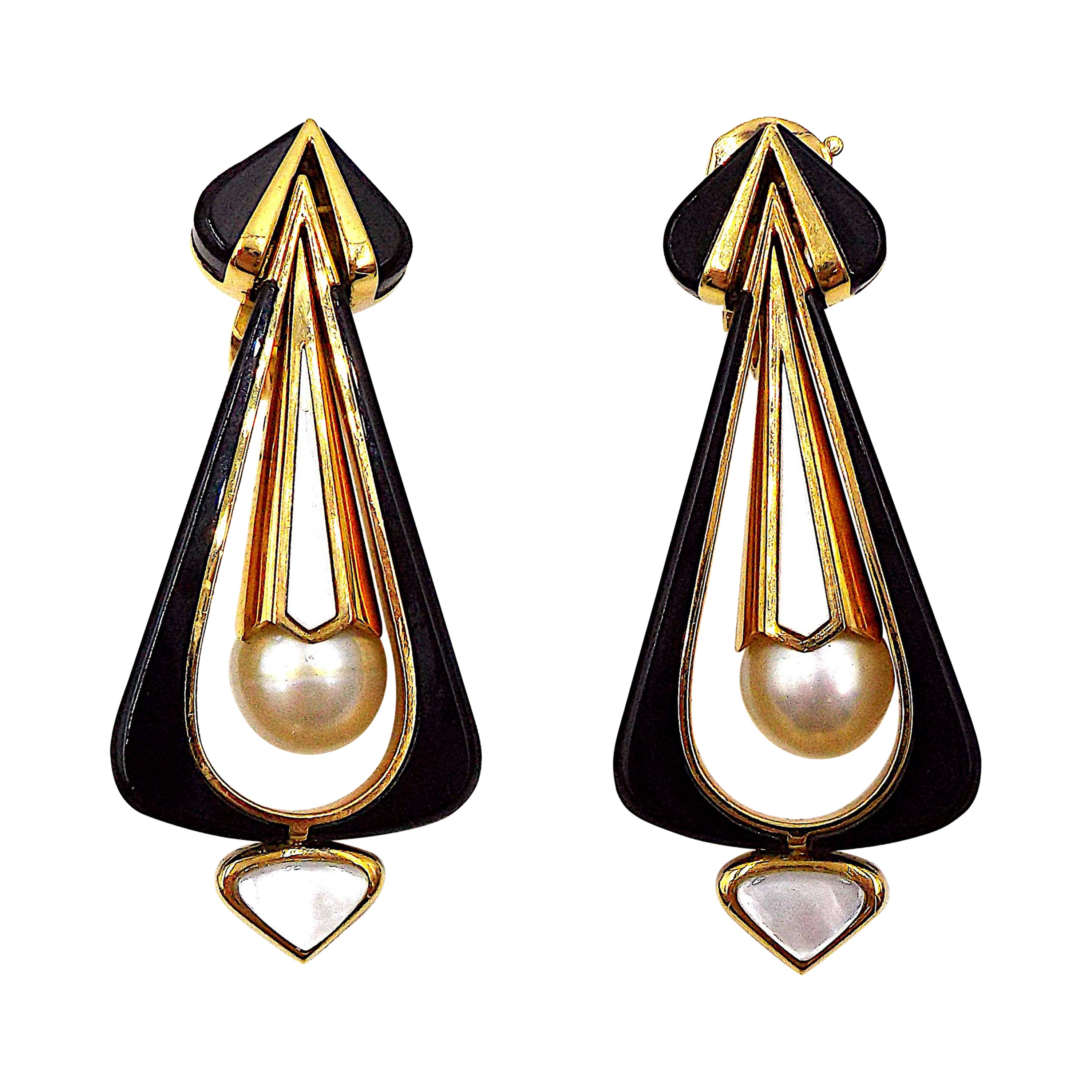 Marina B 18K Yellow Gold Cultured Pearl Onyx Mother-of-Pearl Earrings For Sale