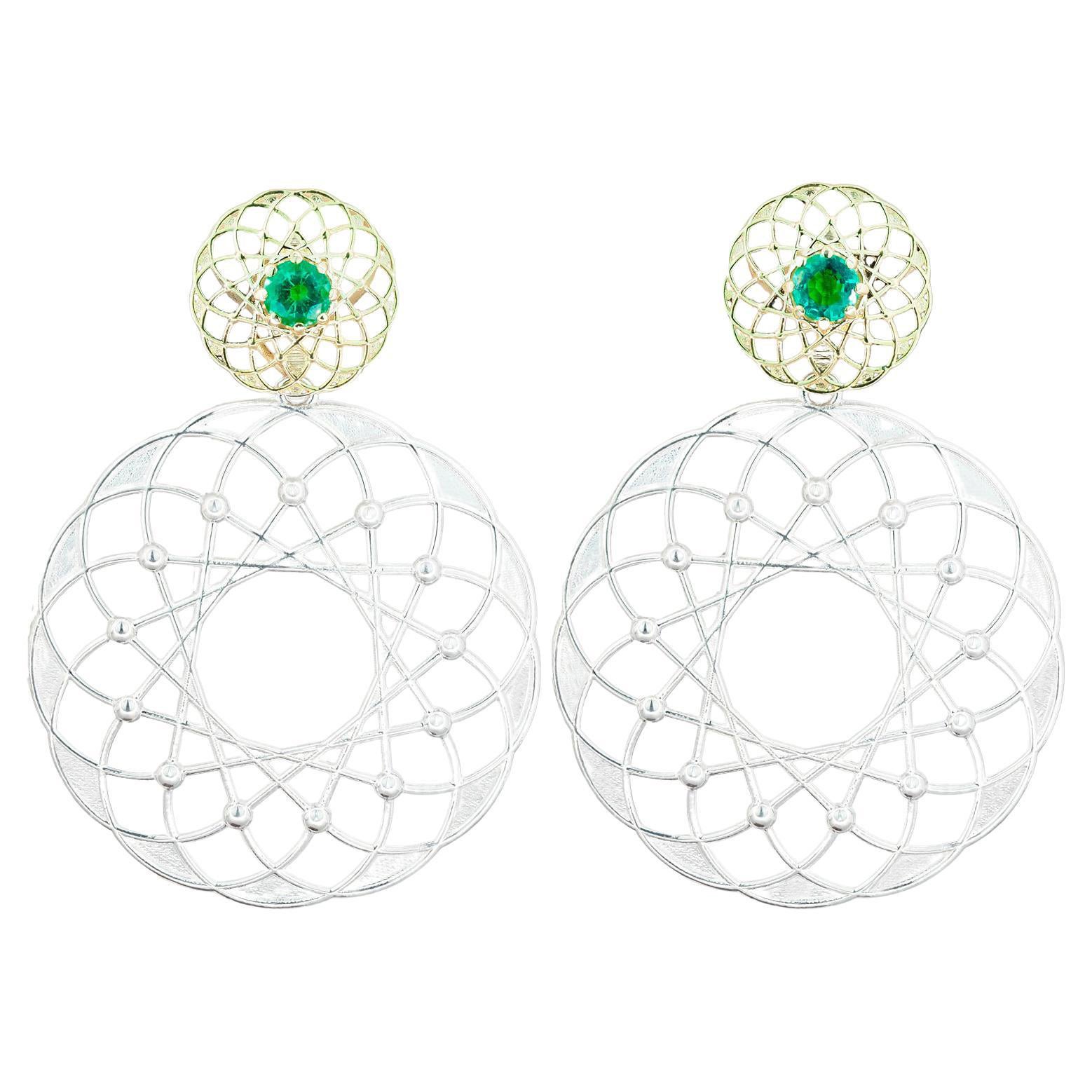 Gold and Silver Transformable Earrings Studs with Earrings with Emeralds For Sale