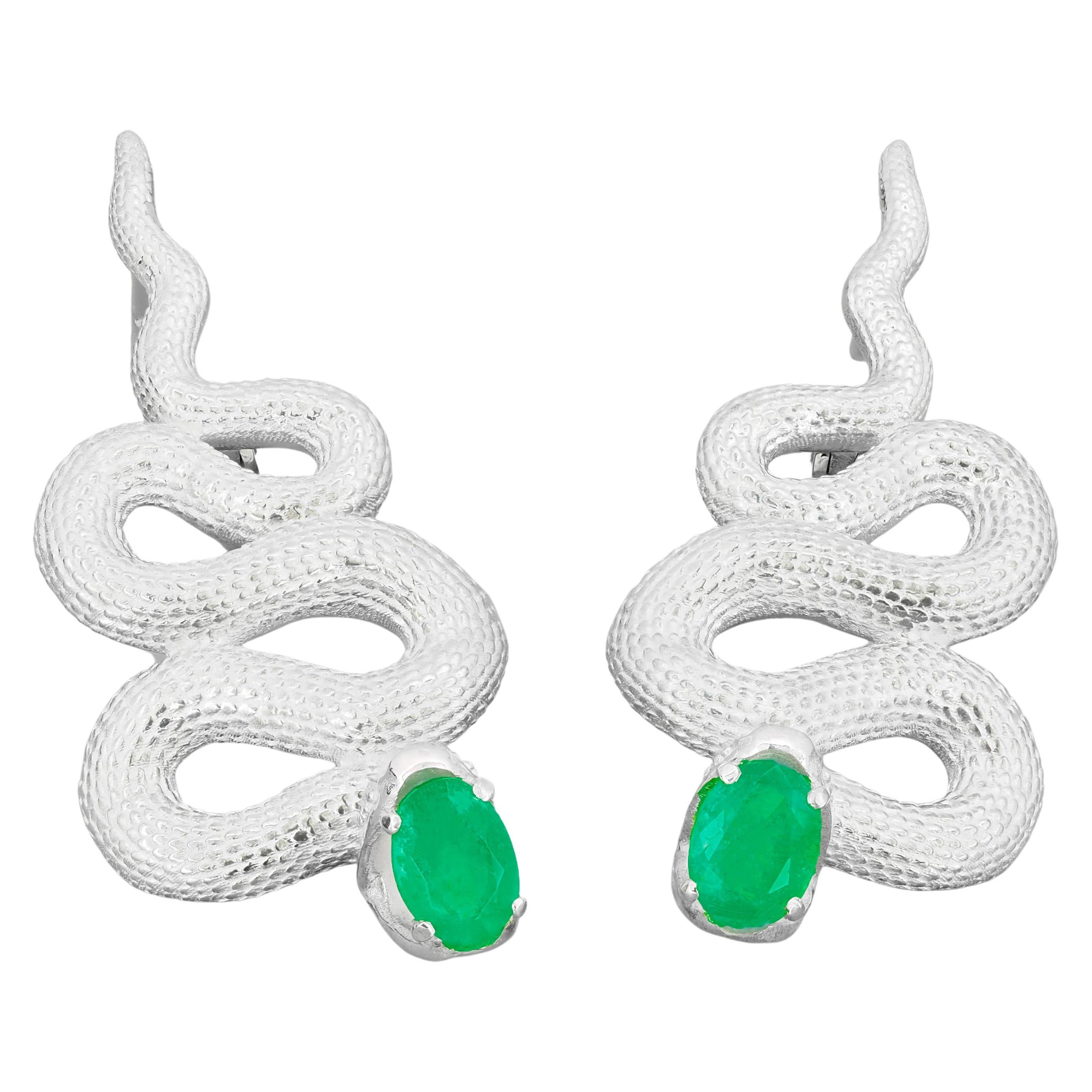 Massive Snake Earrings with Emeralds and Diamonds For Sale