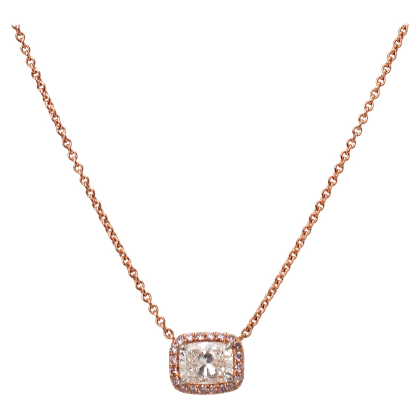 East-West Halo Pendant Necklace, 1.5 Carat Cushion Cut Diamond, GIA Certified