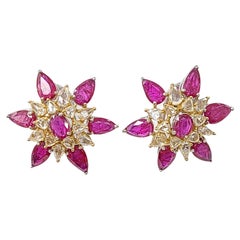 Boucles d'oreilles en or 18 carats avec rubis naturel et diamants taille rose