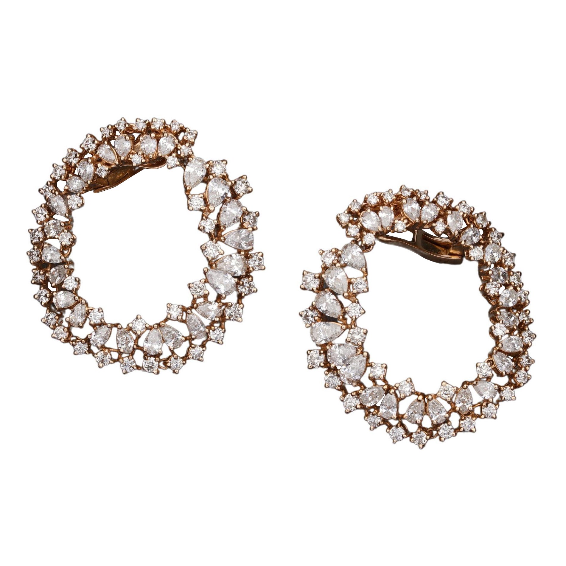 Clustered Pear & Round Diamond Hoop Earrings in 14K Solid Gold