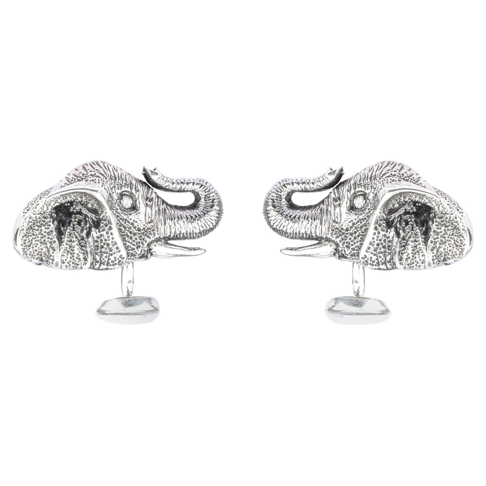 Tichu Diamond and Crystal Quartz Tusked Elephant Cufflink in Sterling Silver For Sale